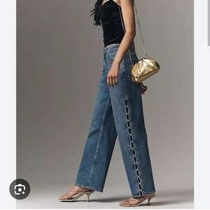 Maeve Perla High-Rise Straight-Leg Jeans in Light Blue with Side Pearl Trim